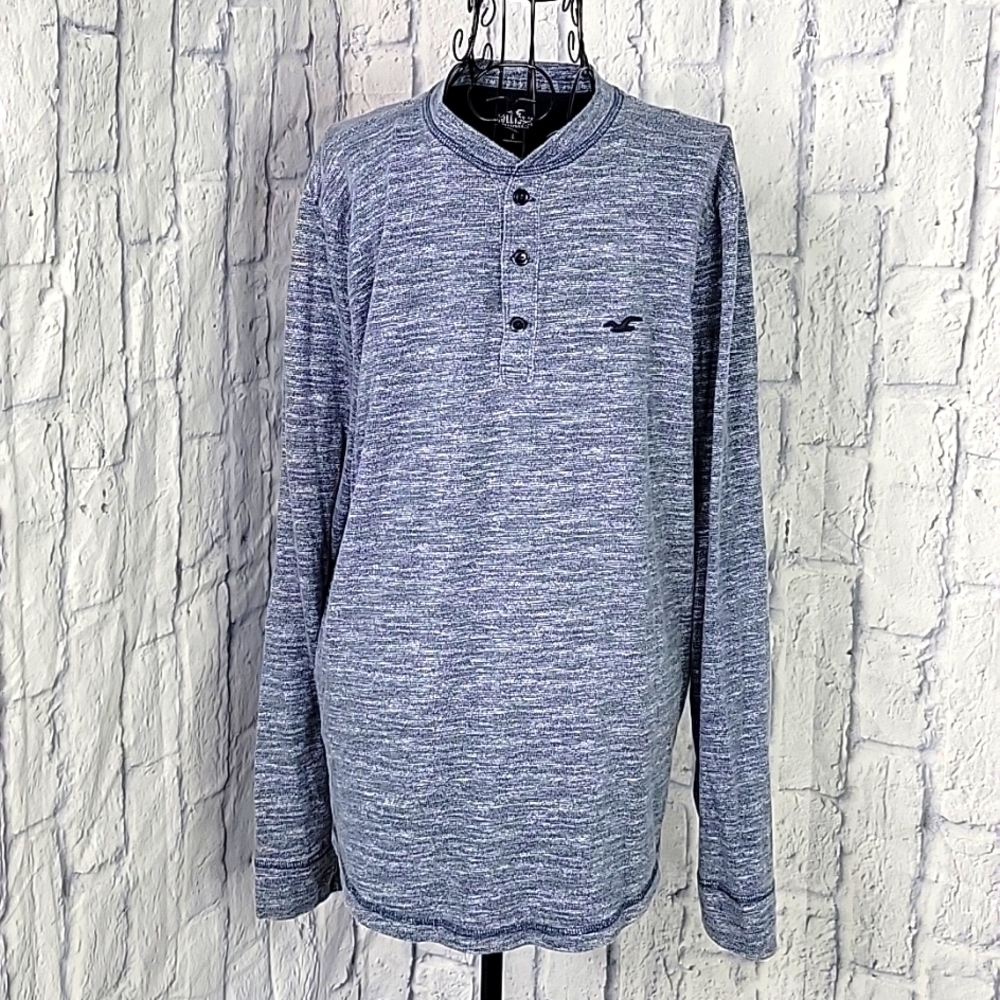 HOLLISTER Blue and‎ White Long Sleeve Men's Polo Shirt Large